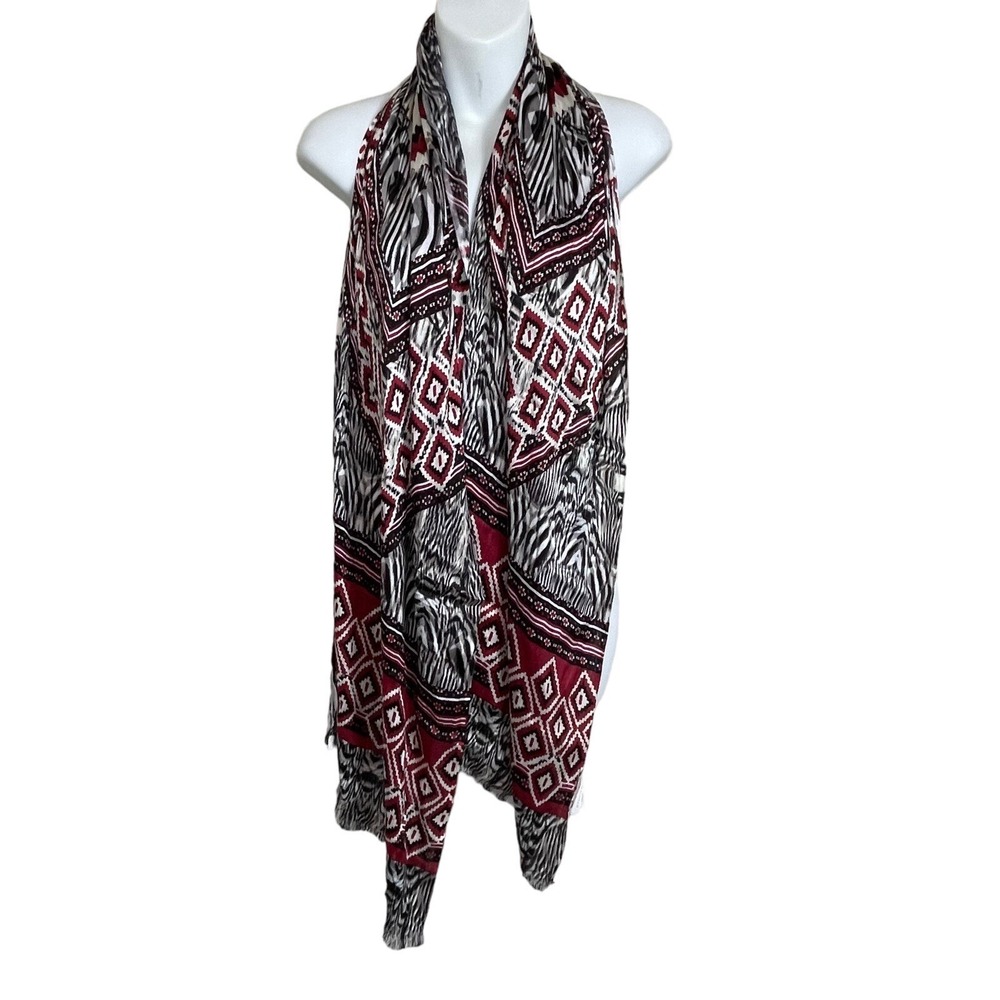 Chico's Tribal Scarf Red Black Silk Blend Boho Art to Wear Wrap Lightweight